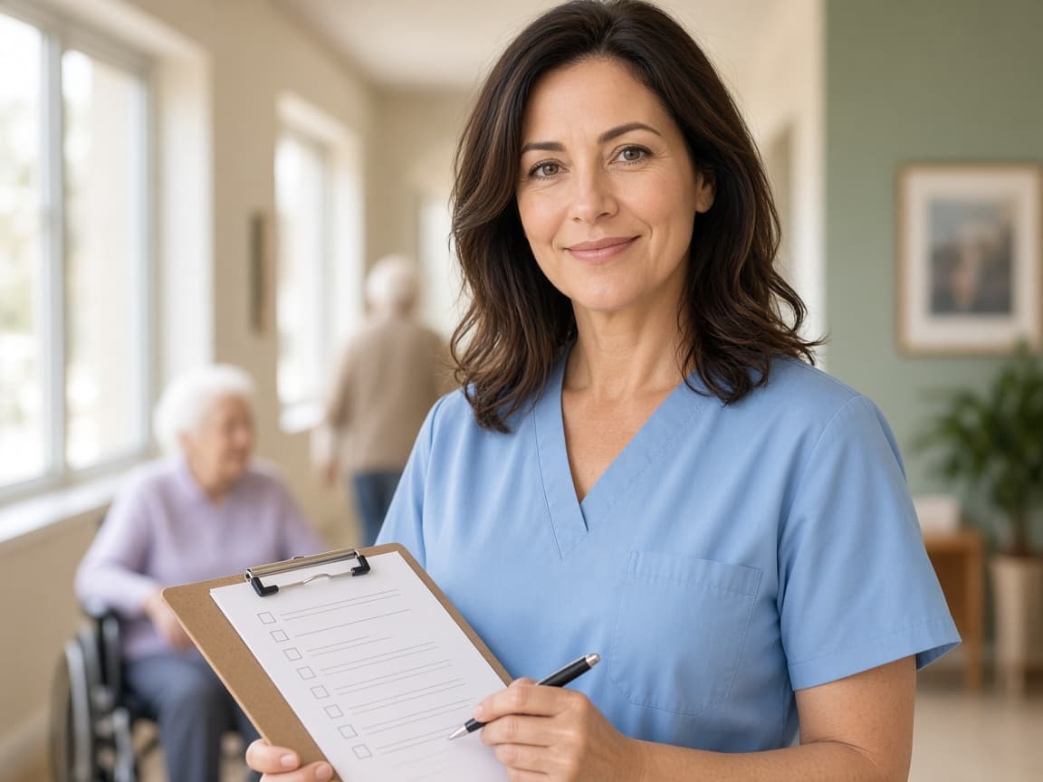 Caregiver with clipboard preparing evacuation documentation